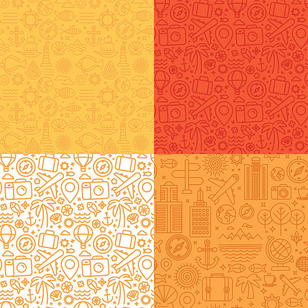 Vector seamless patterns with linear icons and signs related to Vector seamless patterns with linear icons and signs related to travel and sea - abstract textures and backgrounds for travel agencies websites and banners travel designs stock illustrations