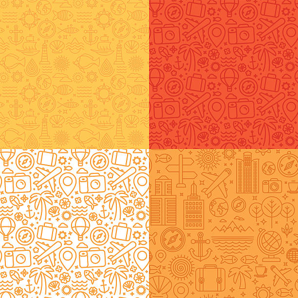 Vector seamless patterns with linear icons and signs related to Vector seamless patterns with linear icons and signs related to travel and sea - abstract textures and backgrounds for travel agencies websites and banners tourism stock illustrations
