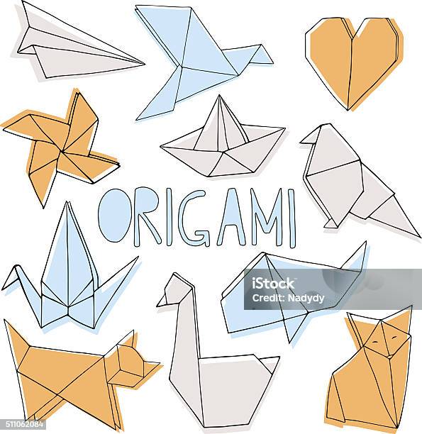 Origami Hand Drawn Set Stock Illustration - Download Image Now - Crane - Bird, Origami, Abstract