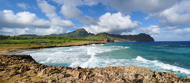 mahaulepu ビーチのパノラマビュー - mahaulepu beach ストックフォトと画像