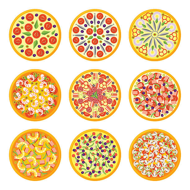 pizza 아이콘 세트 평평한 스타일. - symbol salmon pineapple pizza stock illustrations