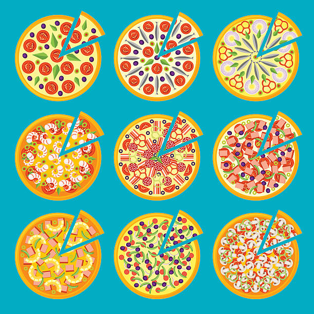 pizza 아이콘 세트 평평한 스타일 - symbol salmon pineapple pizza stock illustrations