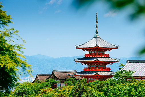 Kyoto, Japan - May 12, 2015: Kiyomizu-dera historic buddist temple with picturesque views of Kyoto.