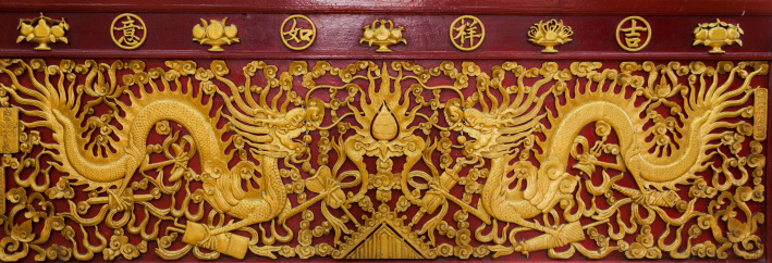 The twin dragon that decorated on table of offering in Chinese temple mean good luck.