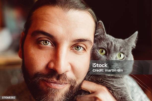 Man And Cat Taking Selfie Stock Photo - Download Image Now - Domestic Cat, Men, Selfie