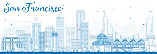 illustrazioni stock, clip art, cartoni animati e icone di tendenza di sagoma skyline di san francisco con blu edifici. - san francisco county skyline silhouette sky