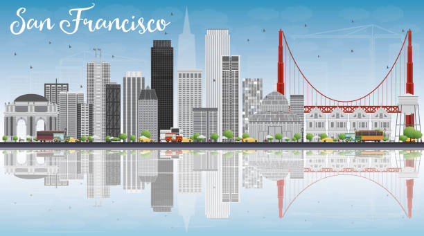 샌프란시시코 스카이라인 회색 건물, 파란 하늘, reflecti - golden gate bridge panoramic san francisco county bridge stock illustrations