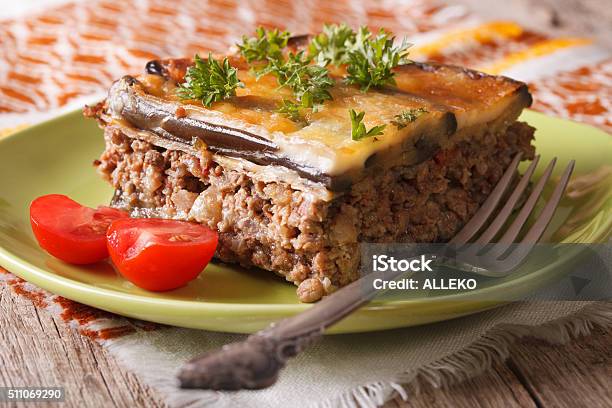 Homemade Moussaka On The Green Plate Closeup Horizontal Stock Photo - Download Image Now