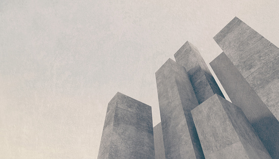 Abstract architecture background, showing massive city buildings and skyscrapers made of concrete with no windows, on a stone textured sky. Buildings look like a monument made with blank columns, going up to the sky. View from below, looking up with a vanishing point effect. The image has an almost monochrome tone, with a soft pink gray hue. Copy space on left side.