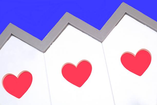 House Model With Windows In The Shape Of A Heart White Small House Wooden Model With Three Windows In The Shape Of A Red Heart Isolated On The Blue Background, Close Up menage trois stock pictures, royalty-free photos & images