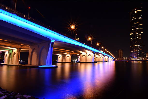 Business Bay Bridge and walk at night with long exposure, Dubai, UAEBusiness Bay Bridge and walk at night with long exposure, Dubai, UAE