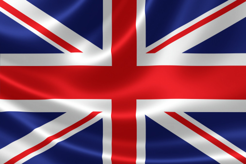 Grungy flag of Britain in the shape of a map of Great Britain and Northern Ireland. Map outline adapted from public-domain version in the CIA World Factbook.