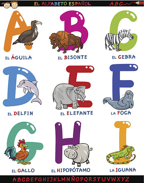 мультяшный испанский алфавит с животными - letter h alphabet education learning stock illustrations