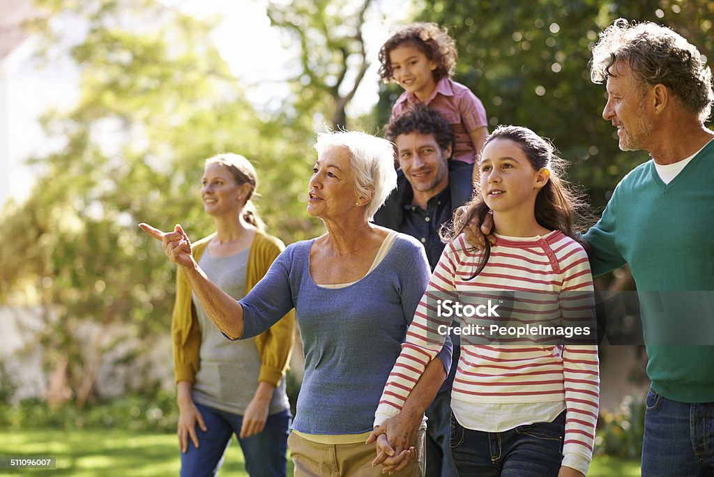 Family gathering Shot of a family walking together outside in the garden Multi-Generation Family Stock Photo