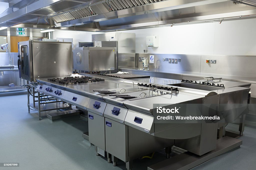 Picture of restaurant kitchen Picture of restaurant kitchen in chrome Commercial Kitchen Stock Photo