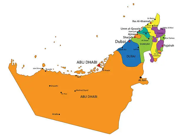 Vector illustration of Colorful United Arab Emirates political map with clearly labeled.