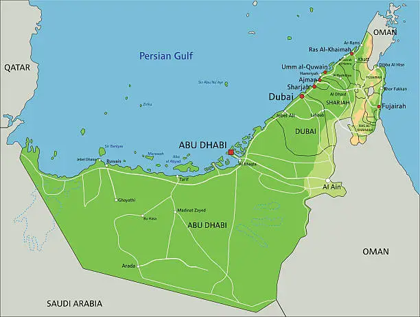 Vector illustration of High detailed United Arab Emirates physical map with labeling.