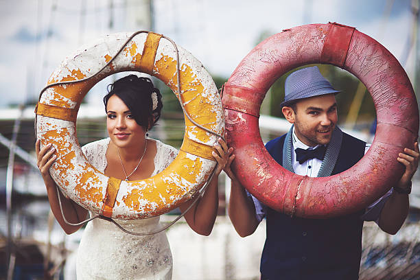 boat, wedding, bride and groom stock photo