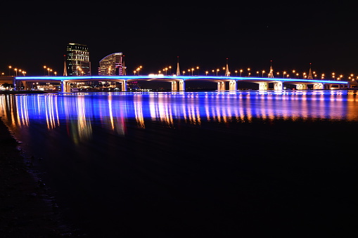 Business Bay Bridge and walk at night with long exposure, Dubai, UAE