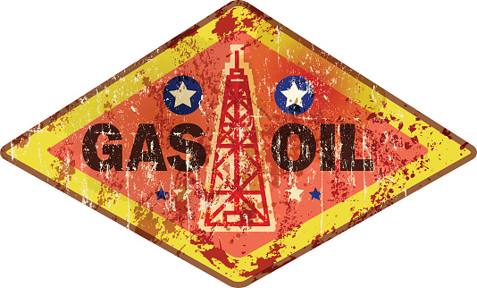 weathered retro oil and gas advertising sign, vector illustration, fictional artwork