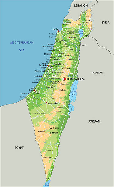 ilustraciones, imágenes clip art, dibujos animados e iconos de stock de de alta detallada israel físico mapa con la etiqueta. - israel