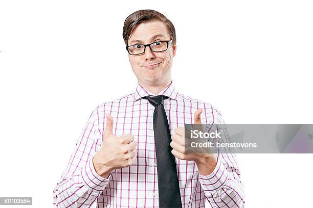 Happy Smiling Geek Isolated On White With Two Thumbs Up Stock Photo - Download Image Now