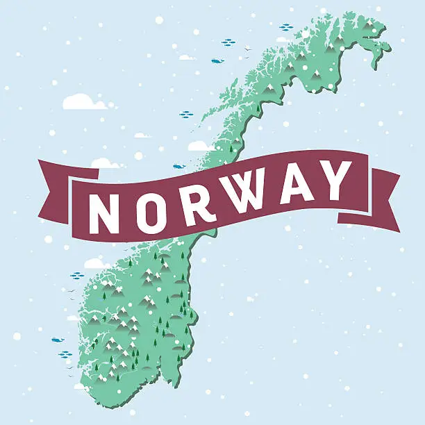 Vector illustration of Norway map with trees and fish