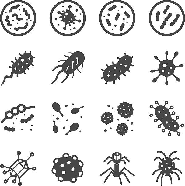 ilustrações, clipart, desenhos animados e ícones de conjunto de ícones de vírus e bactérias - staphylococcus aureus resistente à meticilina