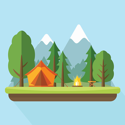 Camping with tend and bonfire and nature landscape. Flat style vector illustration.