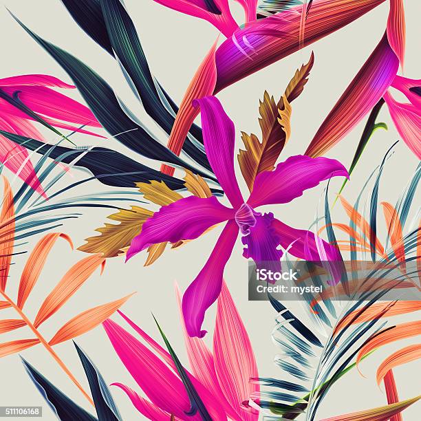 Seamless Tropical Flower Plant And Leaf Pattern Background Stock Photo - Download Image Now