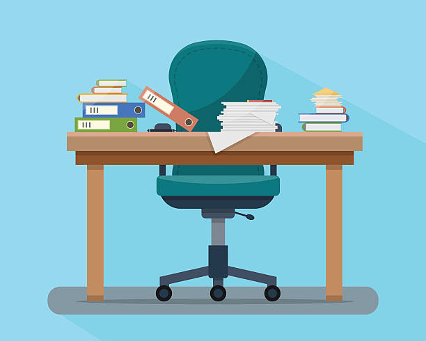 Busy cluttered office table. Hard work.. Busy cluttered office table. Hard work. Office interior with books, folders, papers and letters on table. Flat style vector illustration. monday night stock illustrations