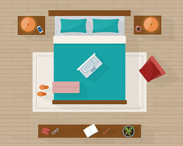 Bedroom with furniture overhead top view. Bedroom with furniture overhead top view. Apartment plan. Flat style vector illustration. bed furniture designs stock illustrations