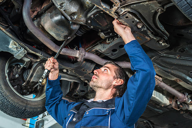 istock Mechanic checking the condition of a lifted car 511107032