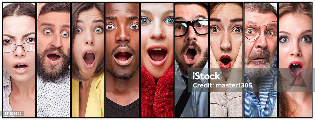 The collage of young man and woman face expressions The collage of surprised young men and women Emotion Stock Photo