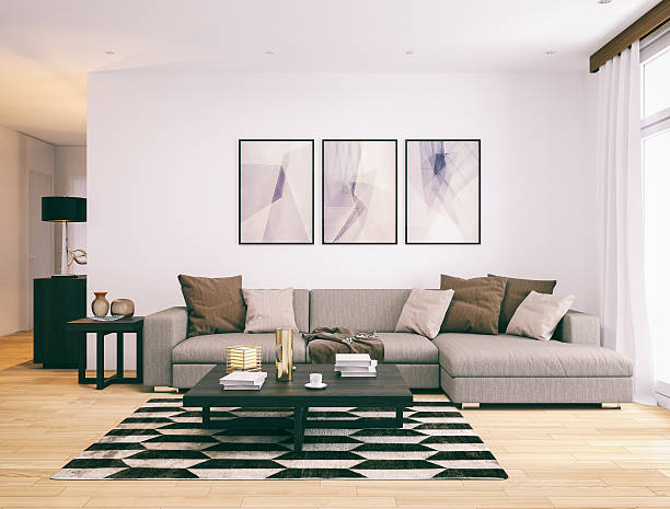 moderno minimalista de sala de estar. - indoors window elegance tranquil scene imagens e fotografias de stock