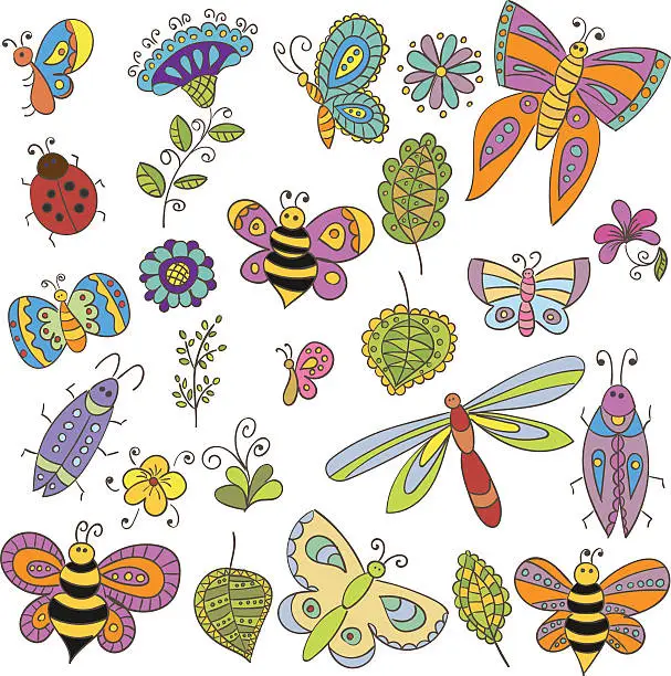 Vector illustration of Collection of vector bugs, butterfly, leaves and flowers for design