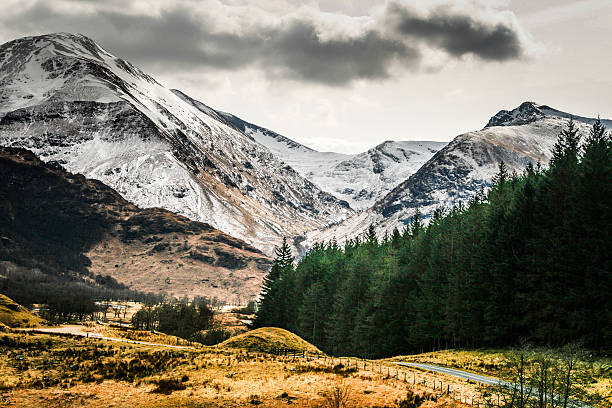Snowcapped Mountains and Forest Road, Glen Nevis, Scotland, UK Horizontal monochrome toned image of a road leading towards the snow-capped mountain peaks of Glen Nevis, near Fort William, in Scotland, UK. Colour image with copy space.  fort william stock pictures, royalty-free photos & images