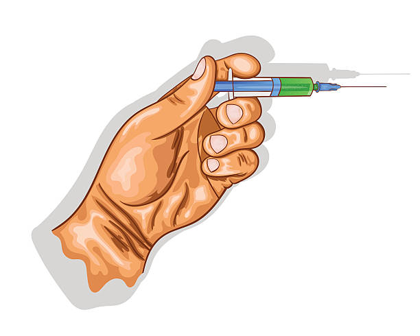 ilustrações, clipart, desenhos animados e ícones de mão segura o seringa com a vacina. - syringe surgical needle vaccination injecting