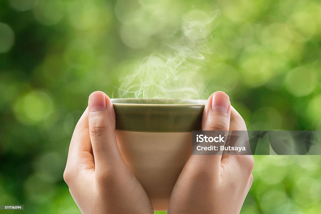 Frau Hände halten Teetasse auf grüne Bokeh Hintergrund. - Lizenzfrei Teepflanze Stock-Foto