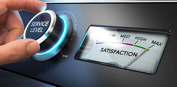 Service Satisfaction Indicator Hand turning a service level knob up to the maximum with a dial where it is written the word satisfaction. Concept image for illustration of Key Performance Indicator, KPI or customer loyalty. gauge photos stock pictures, royalty-free photos & images
