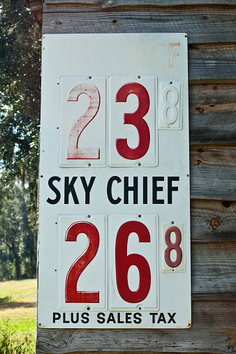 McIntosh, Florida, United States - October 2, 2010: Posted on an abandoned small town gas station, this old Texaco Sky Chief gas sign shows what gas prices were like in the past.