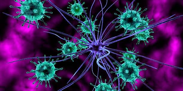 3 d-рендеринг нервная клетка подвергаются нападениям вирус, бактерии. - bacterium magnification high scale magnification green стоковые фото и изображения