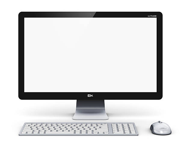 Desktop computer Creative abstract office business technology communication internet concept: modern professional desktop computer PC workstation with blank screen or empty monitor, keyboard and mouse isolated on white background clicking screen stock pictures, royalty-free photos & images