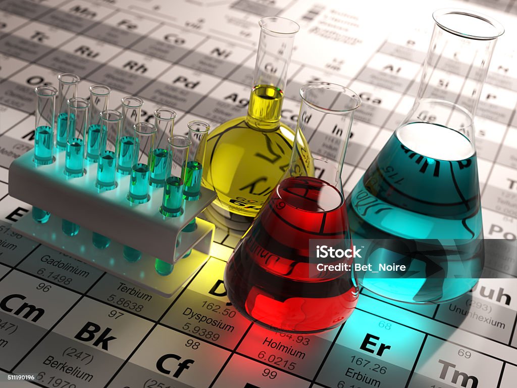 Laboratory test tubes and flasks with colored liquids Laboratory test tubes and flasks with colored liquids on the periodic table of elements. Science chemistry concept.  3d Chemistry Stock Photo