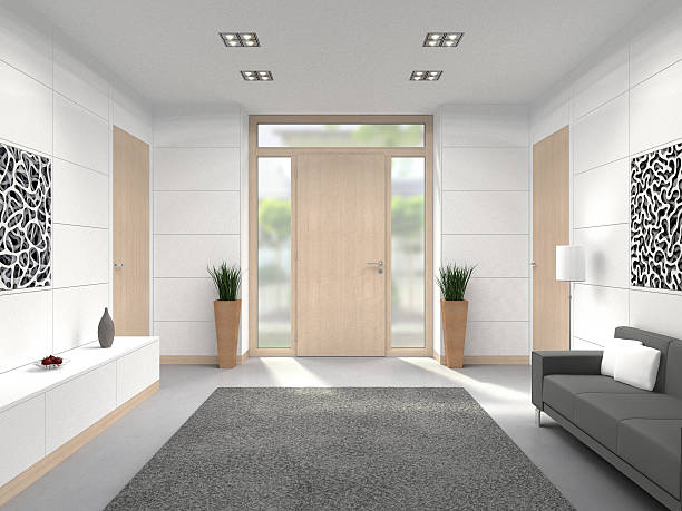 modern entry hall interior fictitious 3D rendering of a modern lobby interior with wooden front door; the images on the left and on the right were created by me and are part of my istockphoto portfolio landing home interior stock pictures, royalty-free photos & images