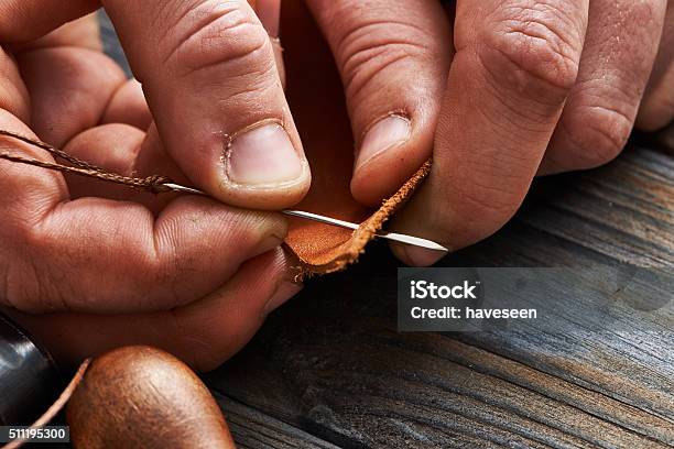 Man Working With Leather Stock Photo - Download Image Now - Sewing, Leather, Leather Crafting