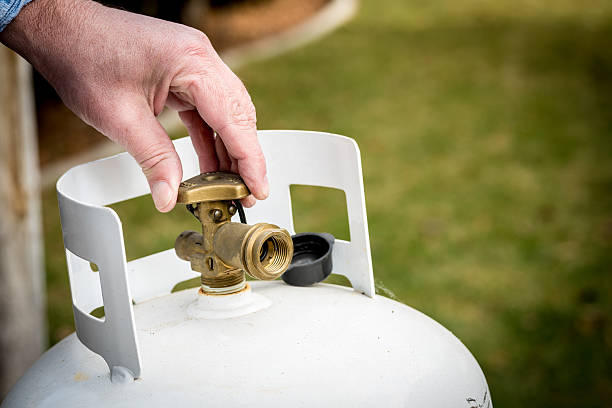 Backyard propane tank valve adjustment Brass Valve closed on a propane tank propane photos stock pictures, royalty-free photos & images