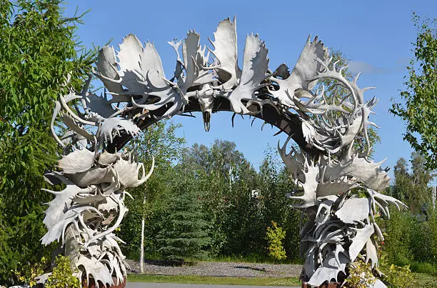 Original gate made out of moose antlers stands in a city park in Fairbanks, at the premises of city’s Cultural and Visitors Center.