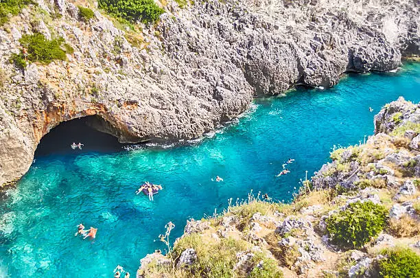 Beautiful scenic seascape at Ciolo Bridge, near Santa Maria di Leuca, Salento, Apulia, Italy