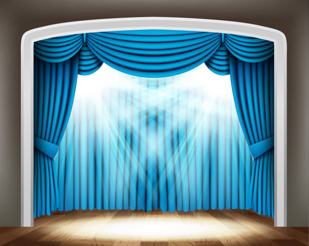 ilustrações, clipart, desenhos animados e ícones de azul cortina de teatro clássico com holofotes com piso de madeira - backdrop blue southern usa usa